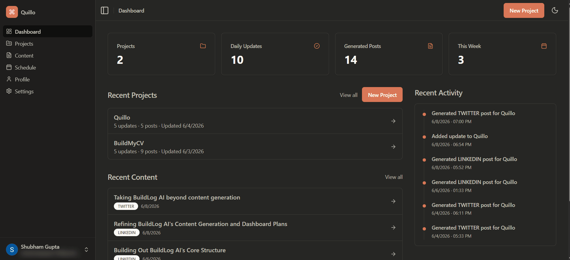 Quillo Dashboard Preview